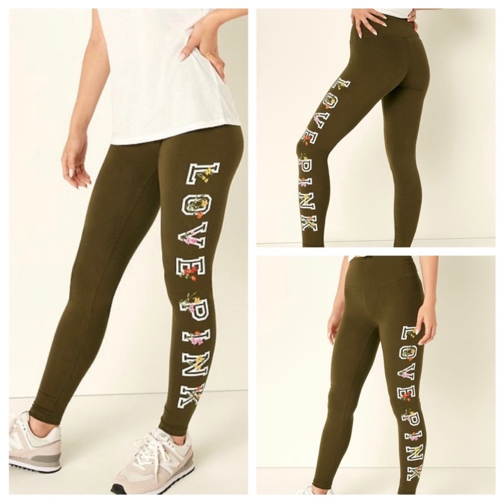 NWT Victoria’s Secret PINK Olive Green Tropical Logo Leggings S 🌴